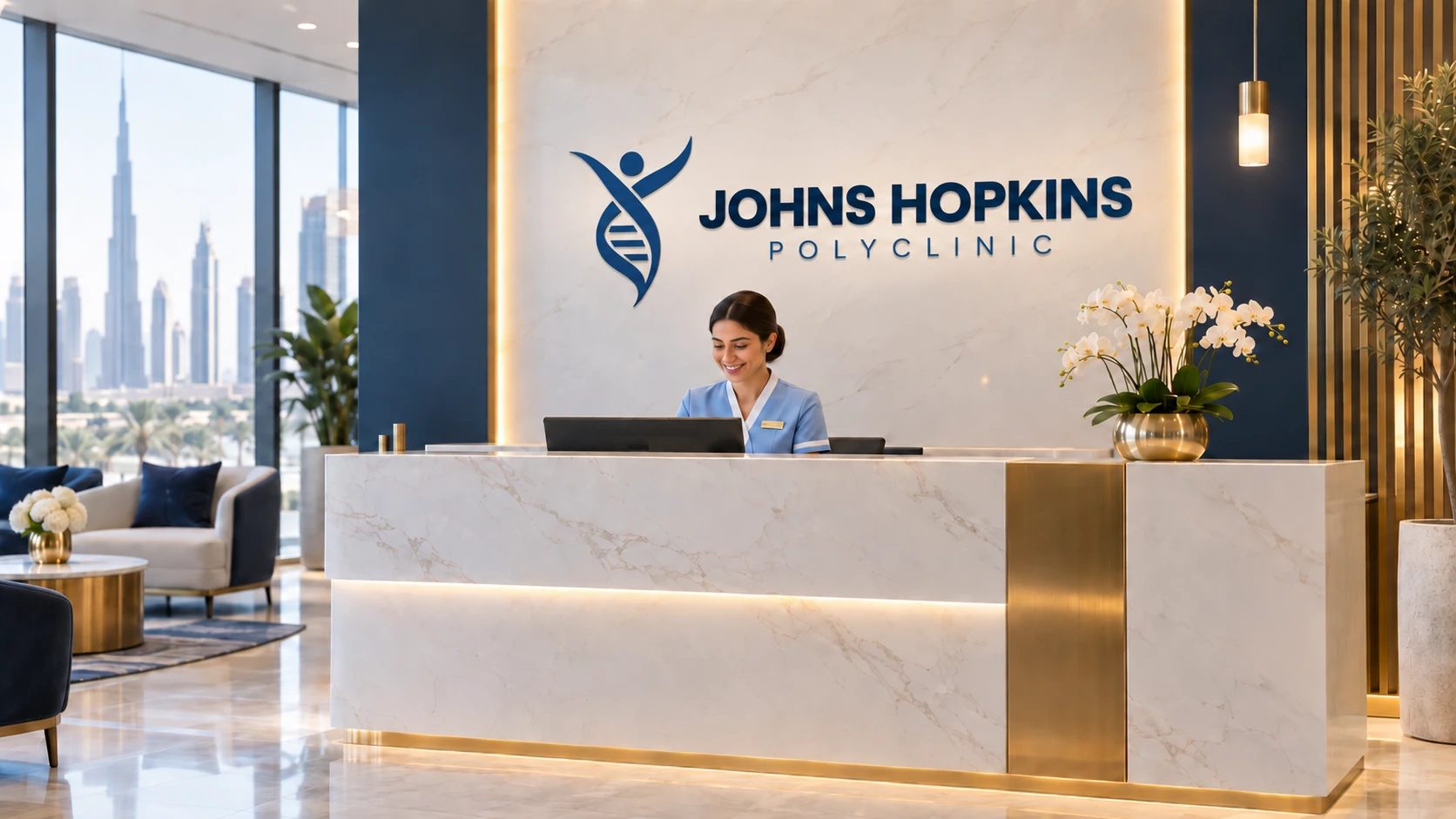 A receptionist at the clinic's marble front desk, with the Dubai skyline through the window behind her.
