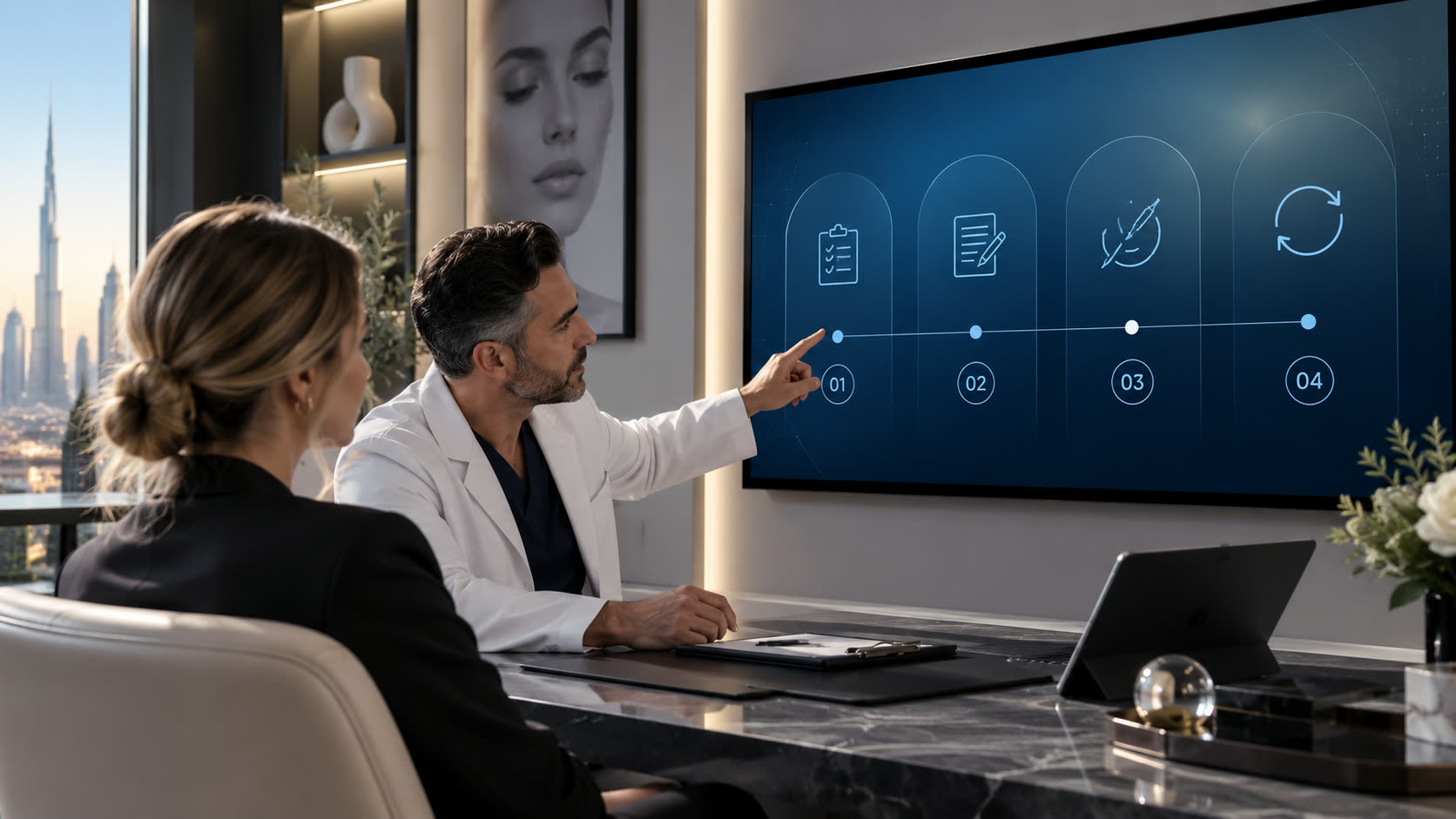 A physician walking a patient through the four stages of an injectable appointment on a screen.