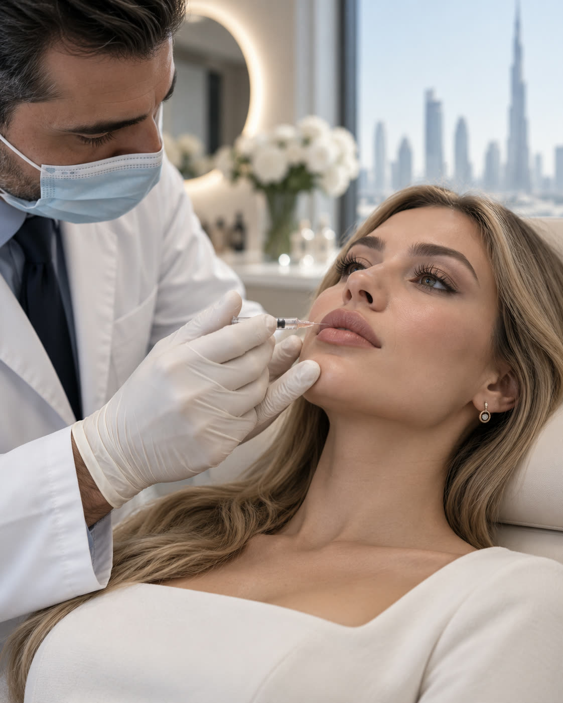 A physician administering a dermal filler injection to a patient's lip.