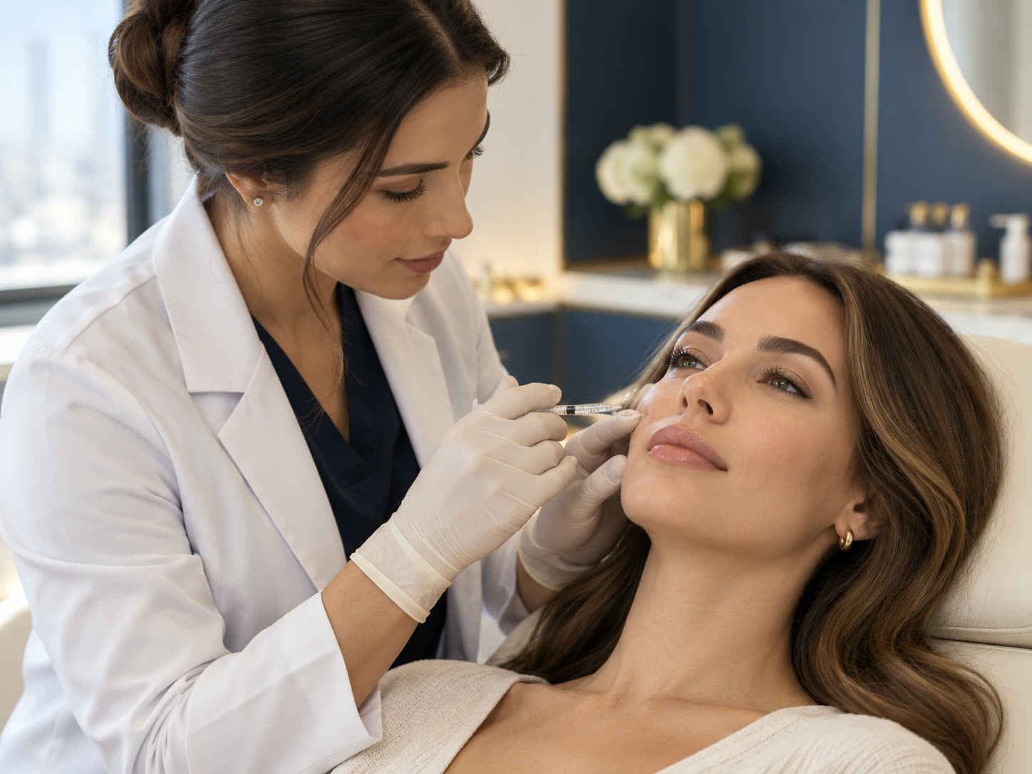 A physician injecting dermal filler into a patient's cheek.