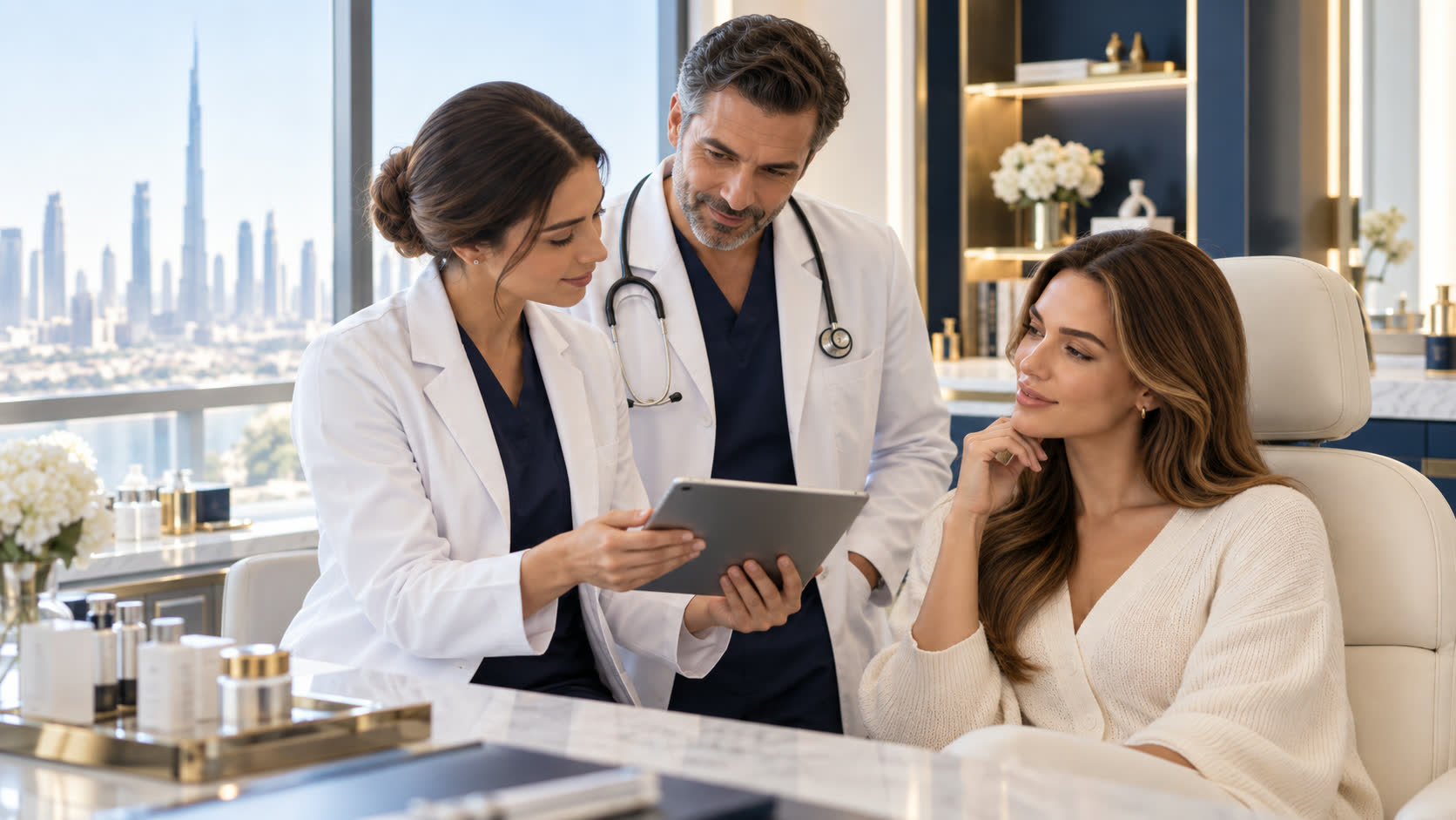 Two physicians reviewing a patient's notes on a tablet with her during a consultation.