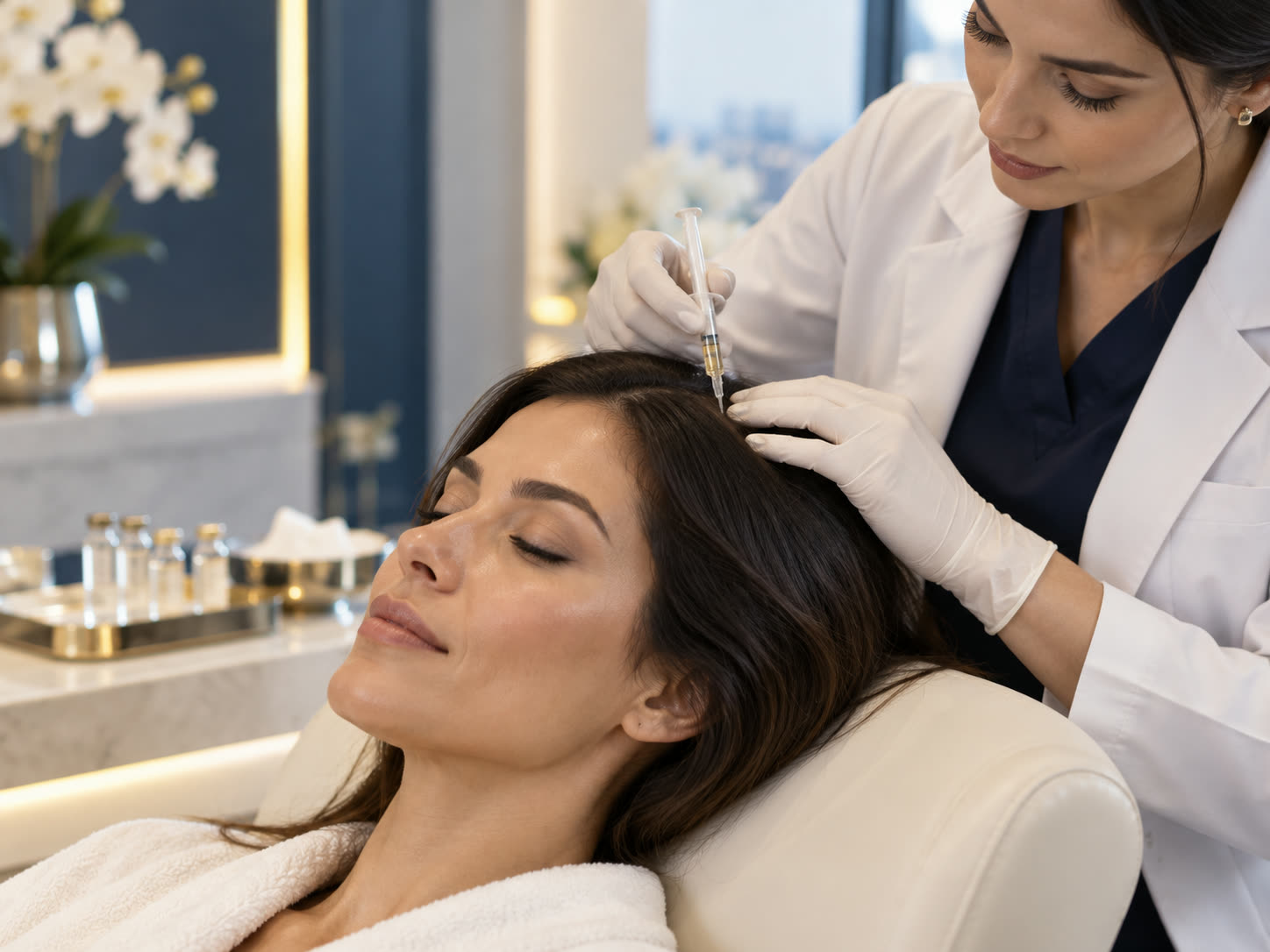 A physician injecting the scalp of a patient during a hair treatment.