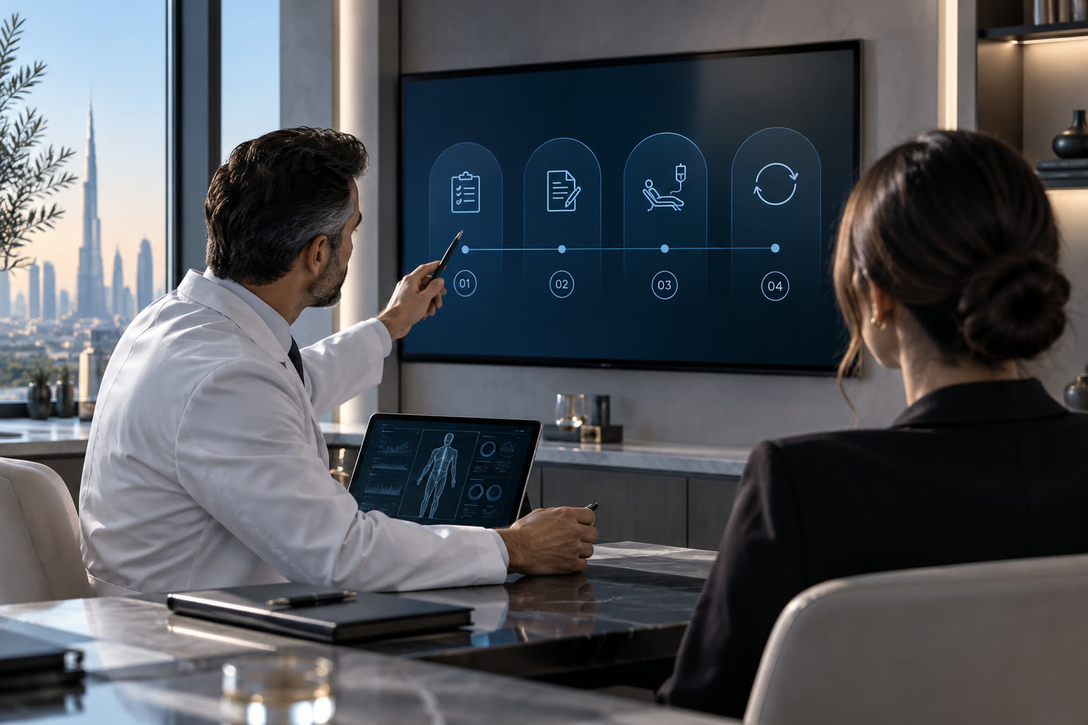 A physician walking a patient through the four steps of their treatment plan on a screen.
