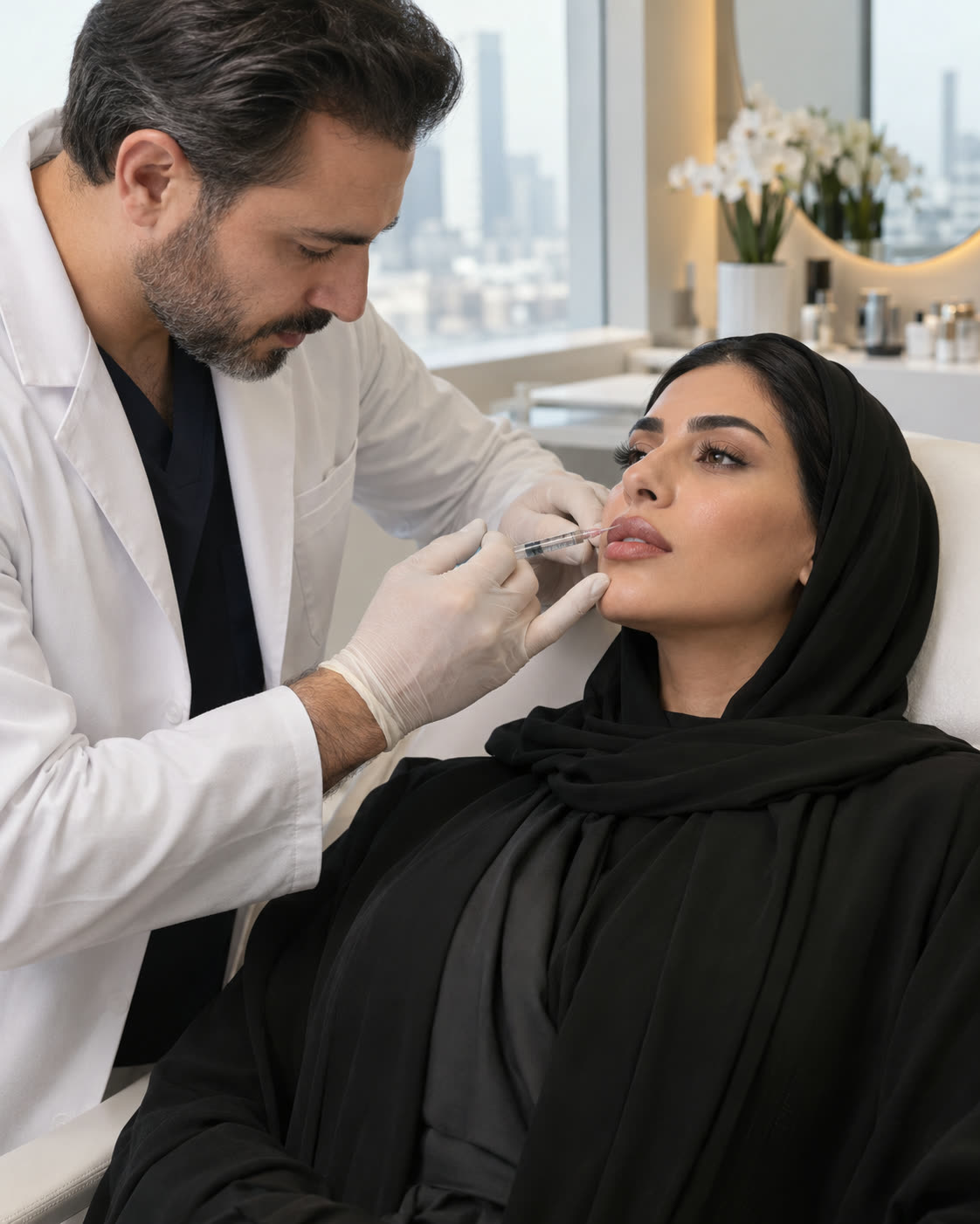 A physician administering a dermal filler injection to a patient's lip in a clinic treatment room.