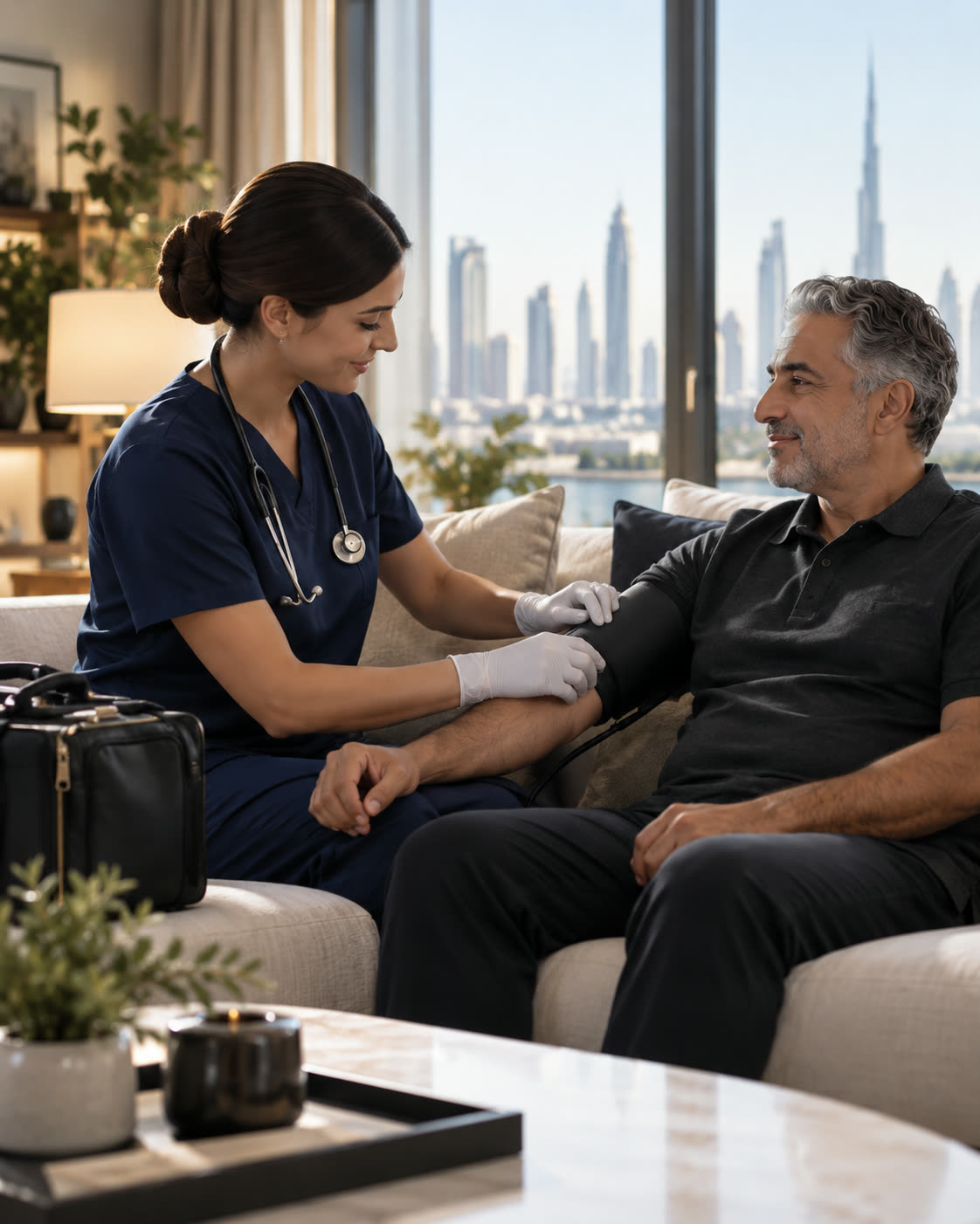 A nurse checking a patient's blood pressure at home.