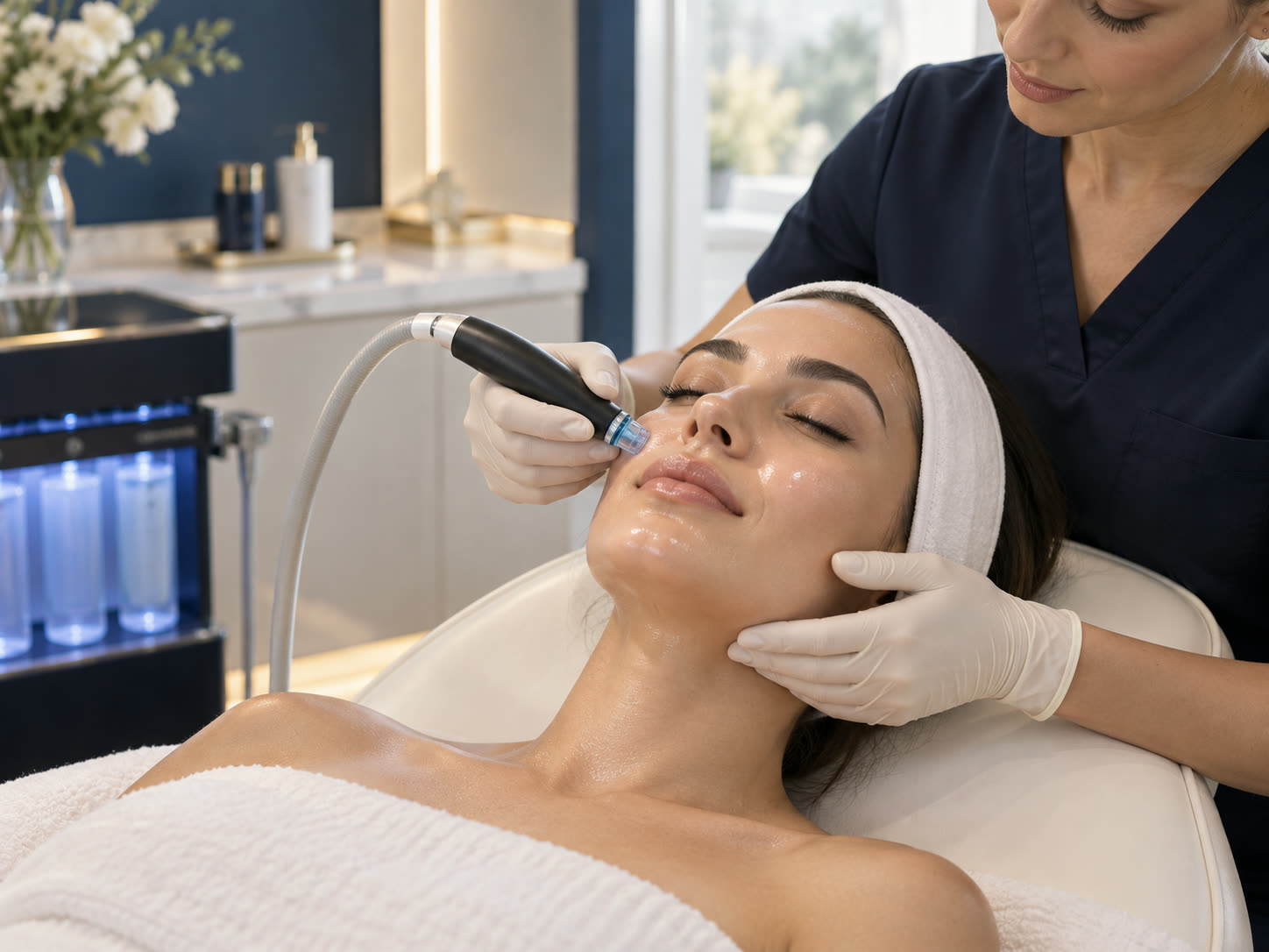 A therapist treating a patient's face with a HydraFacial handpiece.