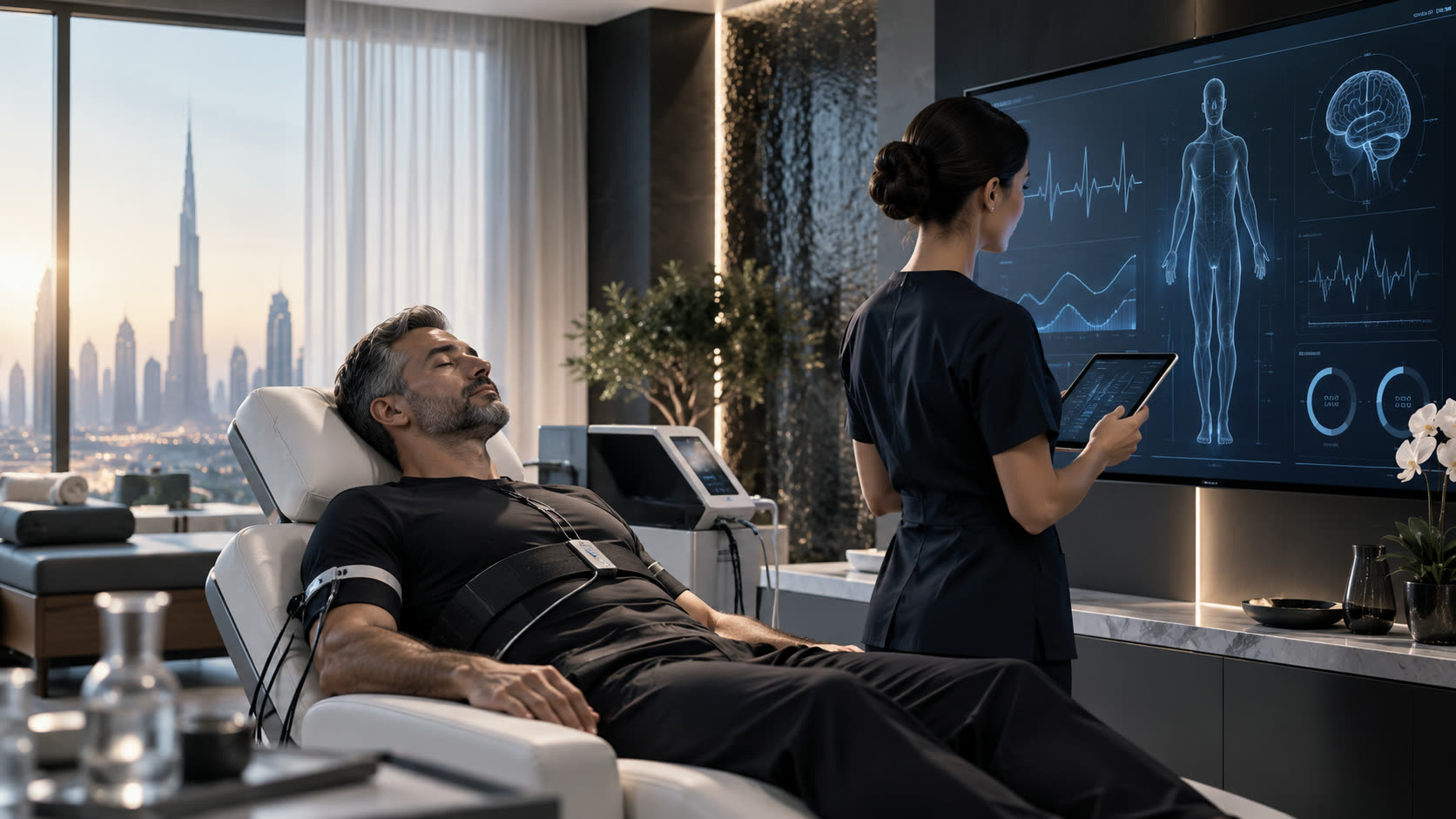 A clinician reviewing a patient's diagnostic readings on screen during a health assessment.