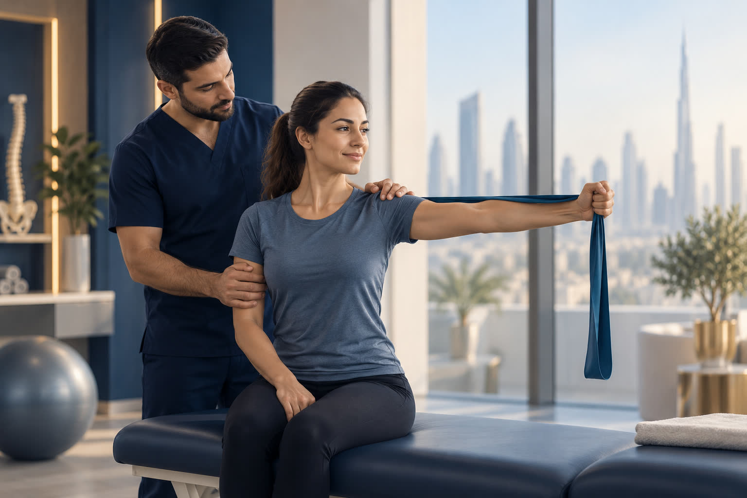 A physiotherapist guiding a patient through a resistance band exercise for her shoulder.