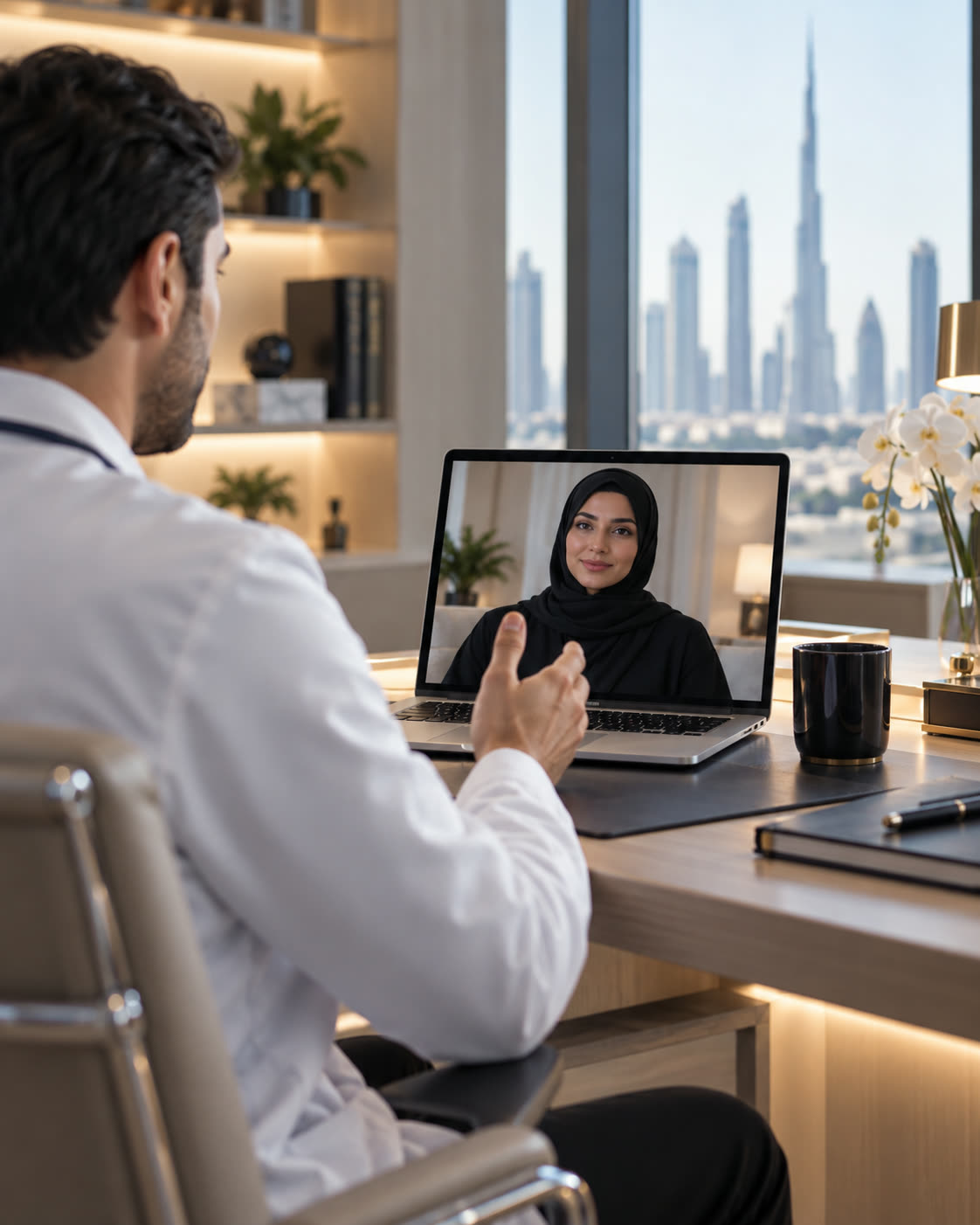 A physician speaking with a patient during a video consultation.