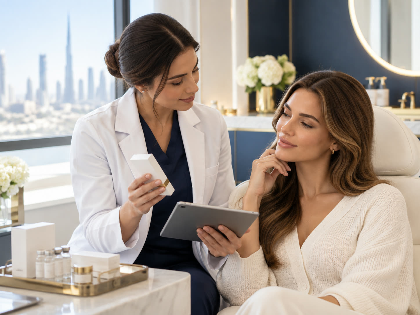 A physician showing a patient the sealed product packaging before treatment.